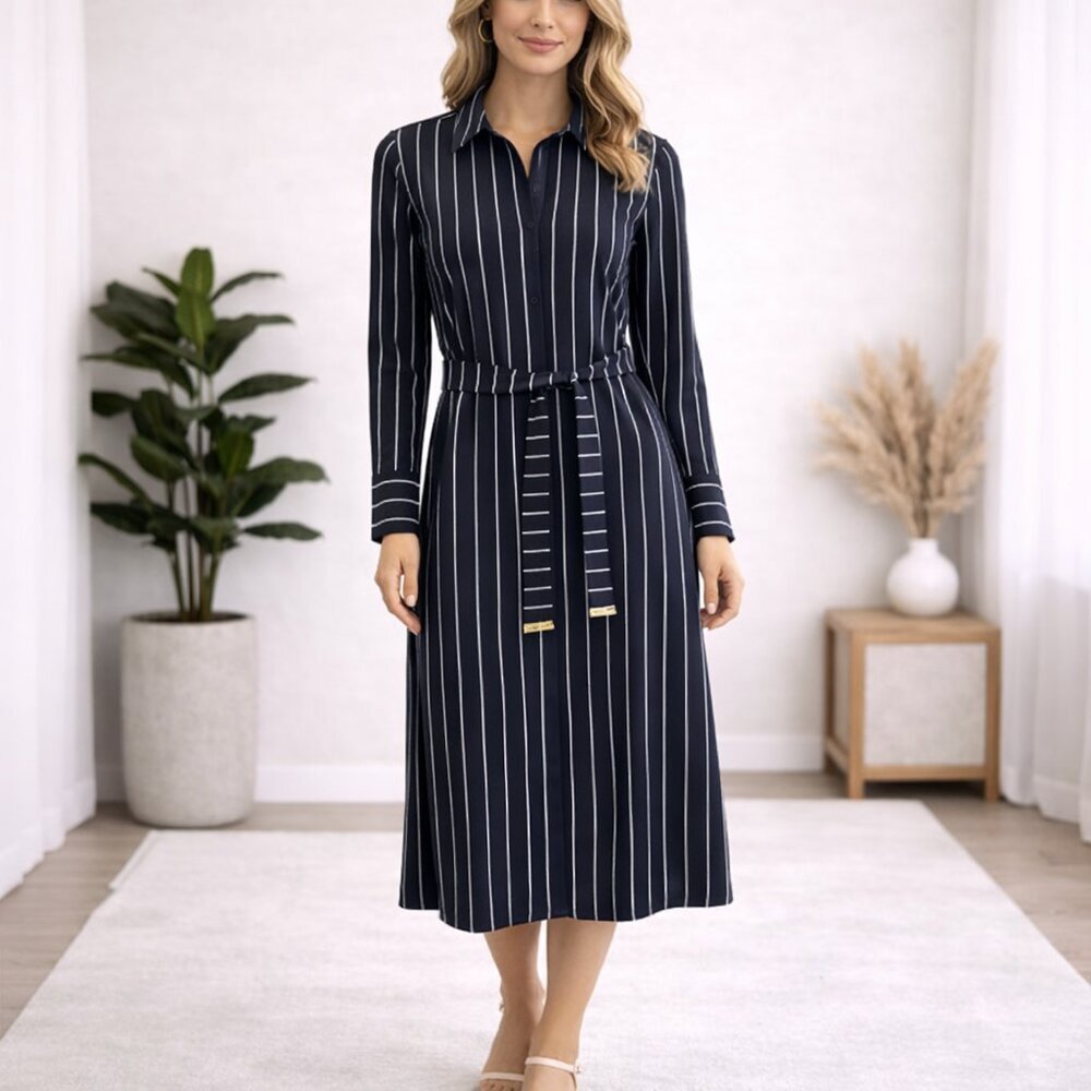 Tommy Hilfiger Belted Striped Shirt Dress Long Sleeve Navy Size 4